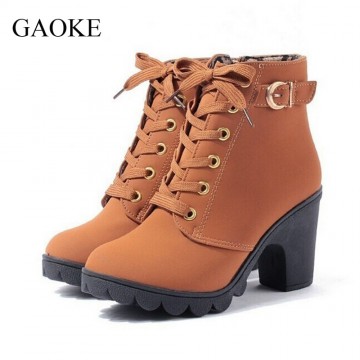 2016 New Autumn Winter Women Boots High Quality Solid Lace-up European Ladies shoes PU Leather Fashion Boots Free Shipping 