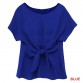 2016 New Blue Women Summer Blouses Chiffon Shirt Short Sleeves Bottoming Shirt O-Neck Girls T Tops With Bowknot
