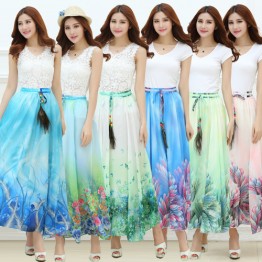 2016 New Fashion Summer Women Full Skirt Real Peacock Feather Elastic Waist Expansion Bottom Printed Long Chiffon Skirt