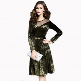 2017 spring new temperament dress womens fashion Slim net yarn splicing velvet black dress dressing pleated dress women hot sale