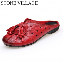 2017 Ethnic Style Genuine Leather Women Shoes Handmade Flower Slides Flat shoes folk-custom vintage hollow out flat shoes