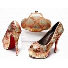 2017 Fashion Women Italian Matching Shoe And Bags Set With Rhinestones High Quality African Wedding Shoes And Bag Gold