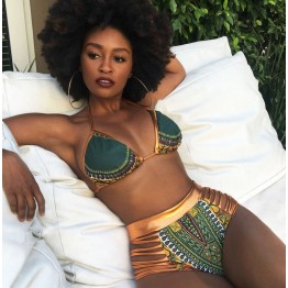 2017 New African Print Two-Pieces Bath Suits Bikini Set Sexy Geometric Swimwear Swimsuit Gold High Waist Swimming Suit 