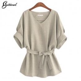 2017 Summer 5XL Plus Size Women Shirts Linen Tunic Shirt V Neck Big Bow Batwing Tie Loose Ladies Blouse Female Top For Tops