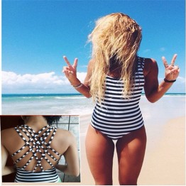 2017 Swimwear Women One Piece Swimsuit Navy Striped Swimming Suit for Women Padded Monokini Strappys Sexy Backless Bathing Suit 