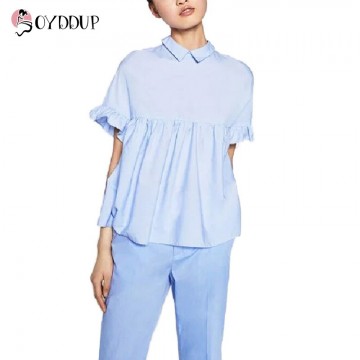 2017 women Elegant Butterfly sleeve loose blue short sleeve blouse little fresh cool summer tops blouses DDUP1532796551467