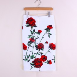 3D red rose print women middle faldas ladies pencil skirts 2016 fashion design vogue girls slim bottoms free shipping