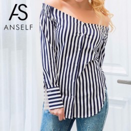 ANSELF Fashion Striped Print Women Off Shoulder Blouse Slash Neck Long Sleeve Shirt Women Tops Vintage Ladies Blouses Blusas
