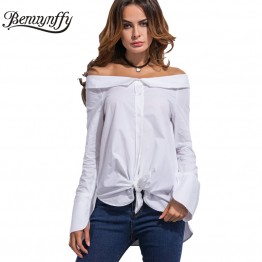 Benuynffy 2017 Fashion Spring White Cotton Shirt Women Tops Autumn Slash Neck Long Sleeve Slim Blouse Shirt Casual Blusas X769