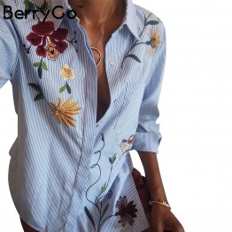 BerryGo Chic floral embroidered women blouses Winter long sleeve striped shirt women tops 2016 Casual bird pattern chemise femme