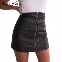 BerryGo Party mini black pencil skirt Zipper high waist leather skirt 2016 christmas Vintage short summer skirts women bottoms