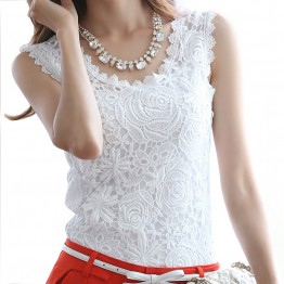 Blusas Femininas 2017 Summer Women Blouse Lace Vintage Sleeveless White Renda Crochet Casual Shirts Tops Plus Size S M L XL XXL