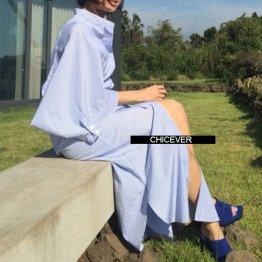 [CHICEVER] Summer Kimono Cloak Sleeves Striped Loose Long Shirt Women Dress With Belt Lace Up High Waisted New Clothing
