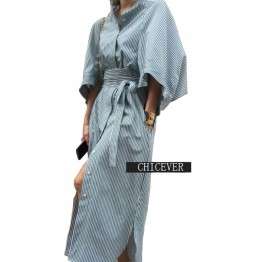 [CHICEVER] Summer Kimono Cloak Sleeves Striped Loose Long Shirt Women Dress With Belt Lace Up High Waisted New Clothing