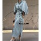 [CHICEVER] Summer Kimono Cloak Sleeves Striped Loose Long Shirt Women Dress With Belt Lace Up High Waisted New Clothing32721618609