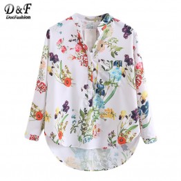 Dotfashion Multicolor V Neck Floral Print Tops Blouses Casual 2016 Shirts Women Vogue Long Sleeve Buttons Dip Hem Blouse