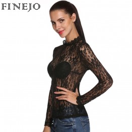FINEJO Sexy Slim Lace Hollow Out Black Blouse Lady Women Fashion Plus Size Long Sleeve Stand Collar Tops Bottoming Shirt
