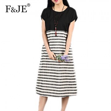 F&JE Plus Size Clothing New 2017 Spring And Summer Fashion Patchwork Striped Comfortable Cotton Linen Women Casual Dresses J135