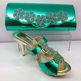 Green Shoes and Bag To Match Italian Nigerian Party Shoes and Bag Set Decorated with Rhinestone Wedding