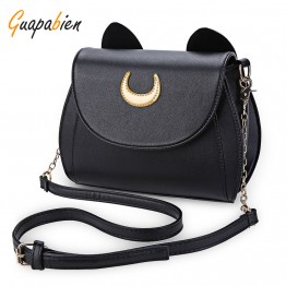 Guapabien Kawaii Summer Sailor Moon Ladies Handbag Black Luna Cat Chain Shoulder Bag Leather Women Messenger Crossbody Small Bag