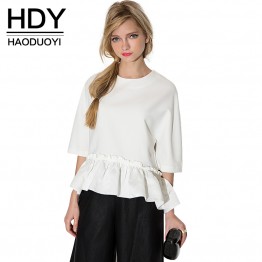 HDY Haoduoyi 2016 Summer New Women Elegant Ruffle Tee Shirt Asymmetric Top Summer Draped Ladies Blouse