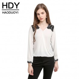 HDY Haoduoyi New Blouse Women Fashion Casual Tops Lace Patchwork Chiffon Blouse Shirt Long Sleeve Shirt Office Lady Blouse