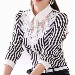 HZCX Long Sleeve Lace Tops Striped Blouse Women Spring Autumn Turn-Down Collar OL Blouses Official Female shirt Formal Blouse
