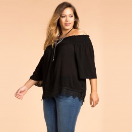 Kissmilk Plus Size Women Clothing Lace Patchwork Bottom Slash Neck Tops Solid Cold Shoulder Blouse Shirt Casual Big Size Shirt 