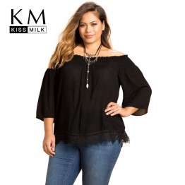 Kissmilk Plus Size Women Clothing Lace Patchwork Bottom Slash Neck Tops Solid Cold Shoulder Blouse Shirt Casual Big Size Shirt 