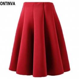 Knee Length Formal Skirt Elegant High Waist Pleated Skirt 2017 New Arrival European Apparel Green Red Skirts Plus Size Bottoms 