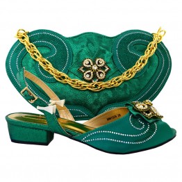 Low heel comfortable shoes green color in Italian shoes and bags matching set African ladies shoes female shoes with bag