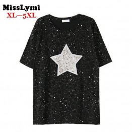 MissLymi Plus Size T shirt Women 2017 Summer Fashion Shiny Star Patterns with Sequined Short Sleeve Loose Casual Tee Shirt Femme