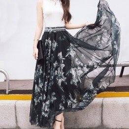 M to XL Hot Newest 12 Patterns Peacock Feather Elastic Waist Expansion Bottom Printed Fake Silk Full Long Chiffon Maxi Skirt