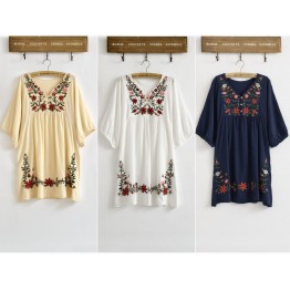 New 2017 Spring Summer Vintage 70s Mexican Ethnic Floral EMBROIDERED Hippie Blouse DRESS Women Clothing Vestidos S M L Plus Size