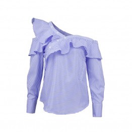 One shoulder off ruffles blouse shirt women tops 2017 spring Casual blue striped shirt Long sleeve cool blouse winter blusas