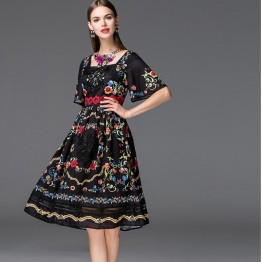 Print woman dress 2017 NEW High quality spring summer Clothing Vintage flower Dress plus size XL party embroidery dresses black