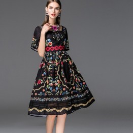 Print woman dress 2017 NEW High quality spring summer Clothing Vintage flower Dress plus size XL party embroidery dresses black