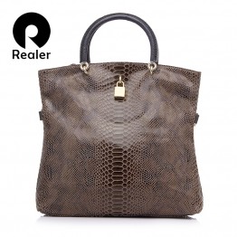 REALER Brand Genuine Leather Bags Female Fashion Snake Pattern Tote Bag Top Quality Leather Handbags Evening Clutch Shoulder Bag