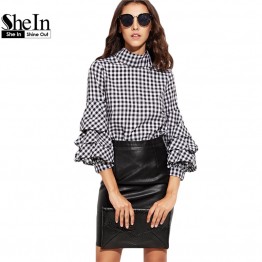 SheIn Ladies Office Autumn Women Blouses and Tops Black Gingham Cutout High Neck Billow Three Quarter Length Sleeve Plaid Blouse