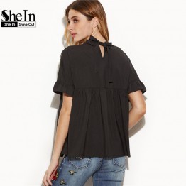 SheIn Summer Tops Black Flower Embroidered Sheer Neck Ruffle Cuff Tie Back Top Woman Short Sleeve Vintage Blouse