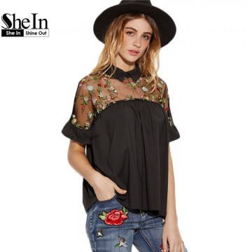 SheIn Summer Tops Black Flower Embroidered Sheer Neck Ruffle Cuff Tie Back Top Woman Short Sleeve Vintage Blouse