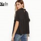 SheIn Summer Tops Black Flower Embroidered Sheer Neck Ruffle Cuff Tie Back Top Woman Short Sleeve Vintage Blouse32797583418