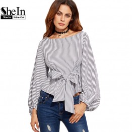 SheIn Women Blouses Black and White Striped Long Sleeve Womens Tops Ladies Shirts Autumn Bow Tie Front Elegant Blouse