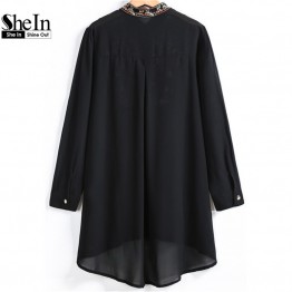 SheIn Women Tops Fashion Stand Collar Long Sleeve Floral Embroidered Dipped Hem European Brand Spring Black Vintage Blouse