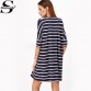 Sheinside Summer Casual Dress Womens Clothing T Shirt Dress 2017 Navy And White Striped Half Sleeve Tee Dress32794627324