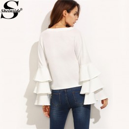 Sheinside White Round Neck Ruffle Long Sleeve Shirt Ladies Work Wear Fashion Tops Women Vogue Blouse 