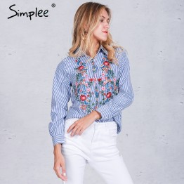Simplee Embroidery female blouse shirt Casual blue striped shirt 2016 autumn winter cool long sleeve blouse women tops blusas