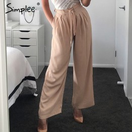 Simplee Female zipper casual pants capri trousers Belt wide leg pants women bottoms Summer chiffon high waist pants