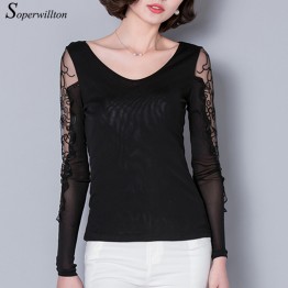 Soperwillton Women Blouses Thermal Shirts Hollow Out O-neck Long Sleeve Stretchy Shirts Summer Blouse Elegant Lady Tops  #B748