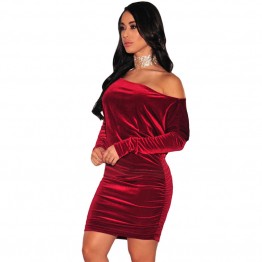 Spring Women Sexy Off Shoulder Fashion Hot Velvet Dress Ladies Long Sleeve Black Red Green Yellow Ruched Night Club Mini Dresses